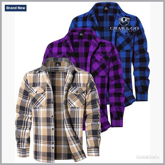 Men's Long Sleeve Button Down Shirt 3 Pack Cotton Blend Plaid Flannel